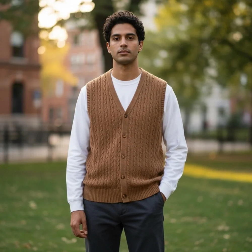 J.Crew Heritage Cotton Cable-Knit Cardigan Sweater Vest Brown Camel Men Sz XL
